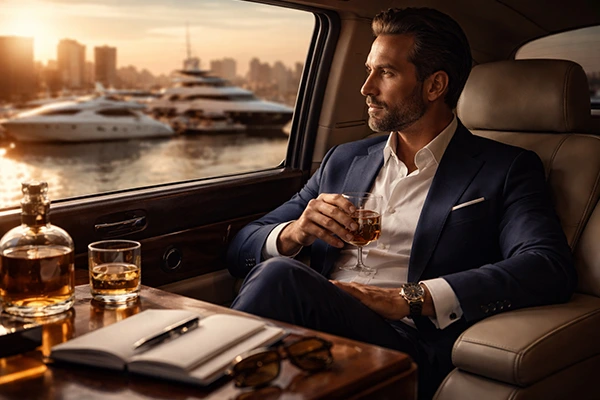 Pria elite berpakaian jas duduk di mobil mewah sambil memegang gelas minuman, dengan latar marina yacht dan sunset.